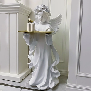 European Angel Tray Figurine Synthetic Resin Statue Ornament For Entryway Key Storage Desktop Home Decor White Gold Retro