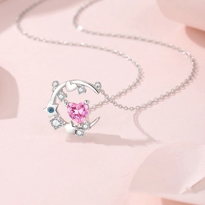 S925 silver crescent moon necklace with pink heart zircon and blue star detail