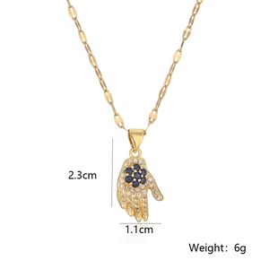 Detail showing dimensions of Hamsa hand pendant necklace with blue and clear zircons