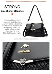 Detail of woven leather handbag featuring gold kangaroo logo and camellia flower twist lock