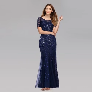Elegant navy blue sequin evening dress with leaf embroidery and mermaid mesh silhouette