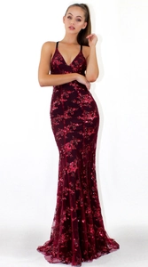 Detail of dark red sequin lace embroidery and slim mermaid evening dress texture