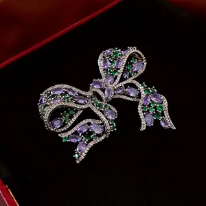 Vintage Bow Knot Brooch Copper With Purple And Green Cubic Zirconia Hollow Design Elegant Jewelry For Women Luxury Style