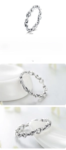 Detailed close-up of 925 sterling silver woven ring with technical size measurements