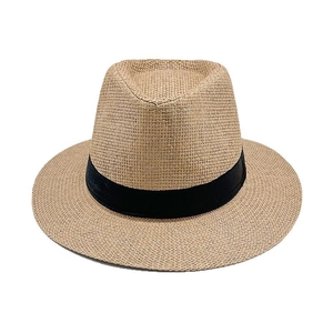 Classic straw fedora hat with black ribbon decoration for summer beach sun protection