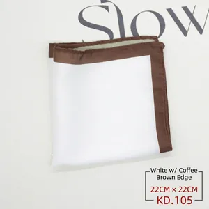 Detail of 22x22cm white silk pocket square with elegant brown contrast hem edges