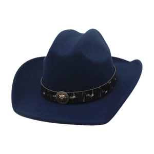 Dark blue western cowboy hat with wide brim and vintage lion head metal ornament