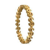 Macro detail of gold titanium steel ring featuring interlocking dollar sign design