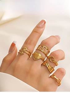 Detail showing 6-piece 18K gold plated celestial ring set worn on model's fingers