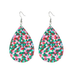 Detail of teardrop earrings with colorful geometric triangle patterns and silver hooks