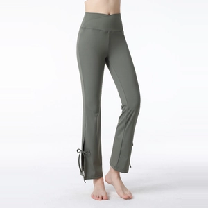 High waist flared yoga pants with cross waist and side split bow ties in sage green