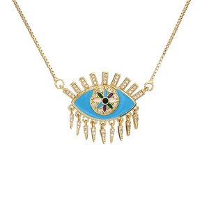 Collana occhio del diavolo oro con smalto blu floreale e cristalli pavé su catena box