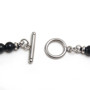 Men's stainless steel tiger eye stone necklace with black obsidian beads and OT toggle clasp