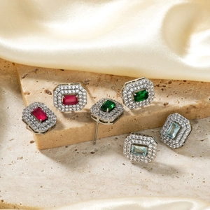 Vintage Rectangular Zircon Stud Earrings Copper Elegant Double Row Halo Emerald Cut Jewelry For Women