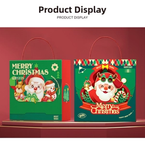 Detailed view of Christmas gift boxes with festive Santa and reindeer illustrations