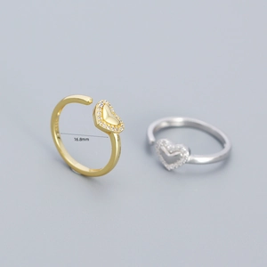Minimalist S925 sterling silver heart open rings in gold and silver finish with size info