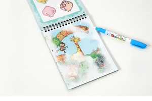 Detail of spiral-bound zoo themed water drawing book and reusable doodle pen for kids