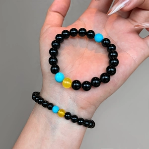 Natural Black Agate Beaded Bracelet Elastic Minimalist Vintage Jewelry With Blue And Yellow Accents Unisex Style