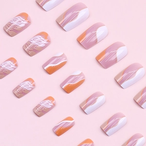 Square orange and pink fake nails with abstract hills and white zebra pattern design