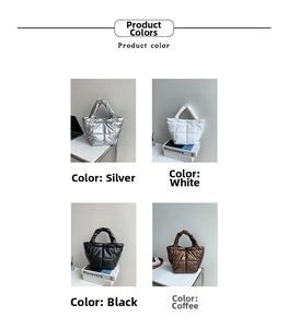 Detailed close-up showing four color variants of the quilted down handbag in a 2x2 grid
