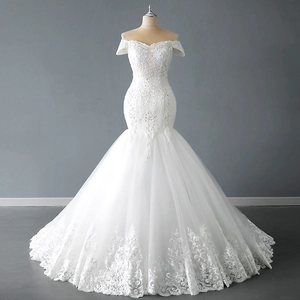 Robe De Mariée Sirène Épaules Dénudées Broderie Dentelle Paillettes Perles Élégante Femmes Événement Formel
