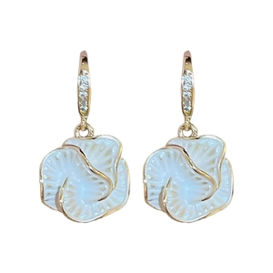 Elegant gold-plated flower earrings with white enamel petals and sparkling zircon hooks