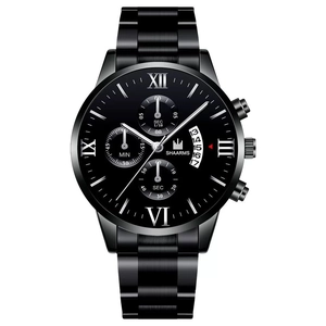 Men's business watch in black stainless steel with Roman numerals and date window
