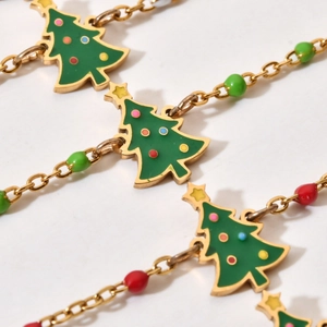 Golden stainless steel rice bead bracelet with colorful enamel Christmas tree charms