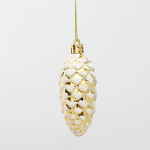 Glittery gold pine cone Christmas ornament with snow effect and hanging string