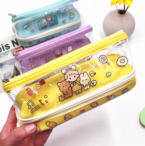 Trousse à deux couches en jaune, violet et bleu avec PVC transparent et toile mignonne