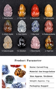 Detailed comparison of various 26mm carved gemstone frog statues including tiger eye and jade