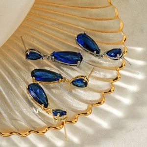 Vintage Copper Rhinestone Water Drop Earrings For Women Elegant Blue Gemstone Teardrop Stud Earrings Retro Party Jewelry