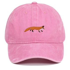 Pink washed cotton baseball cap with fox embroidery on six-panel vintage dad hat