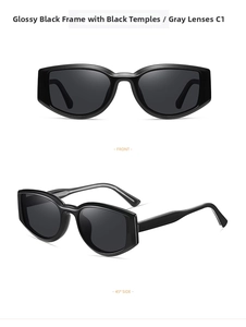 Detailed views of shiny black TR90 polarized sunglasses with gray lenses at multiple angles