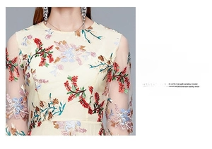 Detailed close-up of intricate colorful floral embroidery on mesh sleeve dress