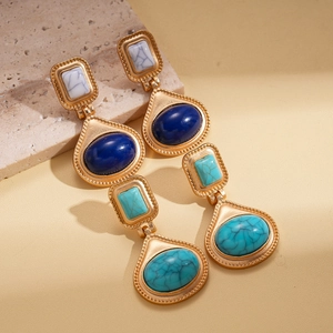 Böhmische Vintage Harz Ohrhänger in Gold mit bunten Marmorsteinen und Geometrie