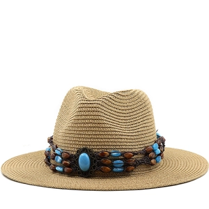 Chapeau De Soleil Fedora En Paille Bohème Pour Femmes Large Bord Tissé Été Plage Voyage Bande Perlée Ethnique Avec Faux Turquoise