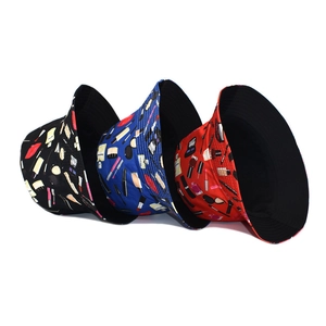 Summer reversible sun hat with cosmetics print pattern in black blue and red color