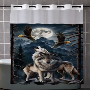Detail eines wasserfesten Duschvorhangs mit Wolfs- und Adlermotiv und Metallösen