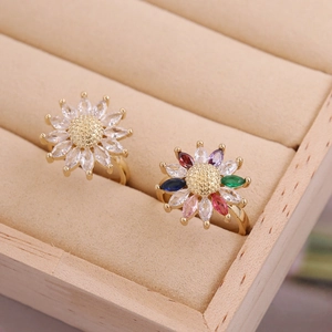 18K gold plated sunflower rings with colorful zircon crystals in a velvet jewelry box