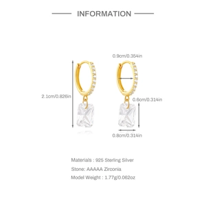 Detailed size and material diagram of 925 sterling silver rectangular zircon earrings