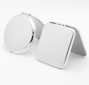 Polished stainless steel portable makeup mirrors in round and square folding designs