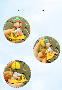Detailed views of a cute cartoon girl on a yellow scooter keychain from three angles