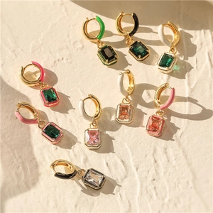 Sweet Colorful Enamel Square Drop Earrings Gold Plated Geometric Rhinestone Huggie Earrings For Women Vacation Fashion Jewelry