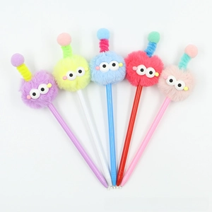 Set of five colorful monster pens with fuzzy pom poms and spiral antenna details