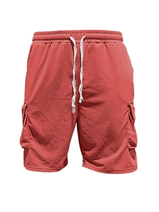 Detail of red cargo shorts with drawstring elastic waist and side flap pockets