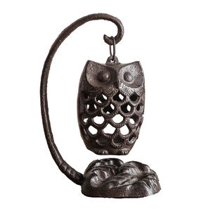 Photophore hibou rétro en fonte avec finition métallique rustique et support d'affichage