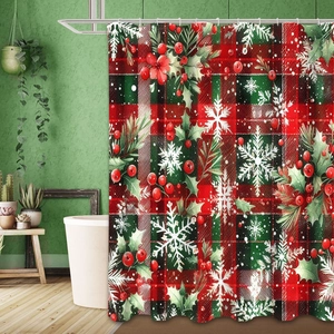 Détail d'un rideau de douche de Noël avec motif à carreaux rouge et vert et flocons
