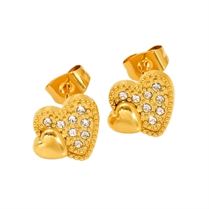 Elegant gold double heart stud earrings with sparkling zircon stones and a polished finish