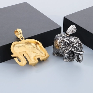 Detailed front and back views of hip-hop elephant pendants on black display stands